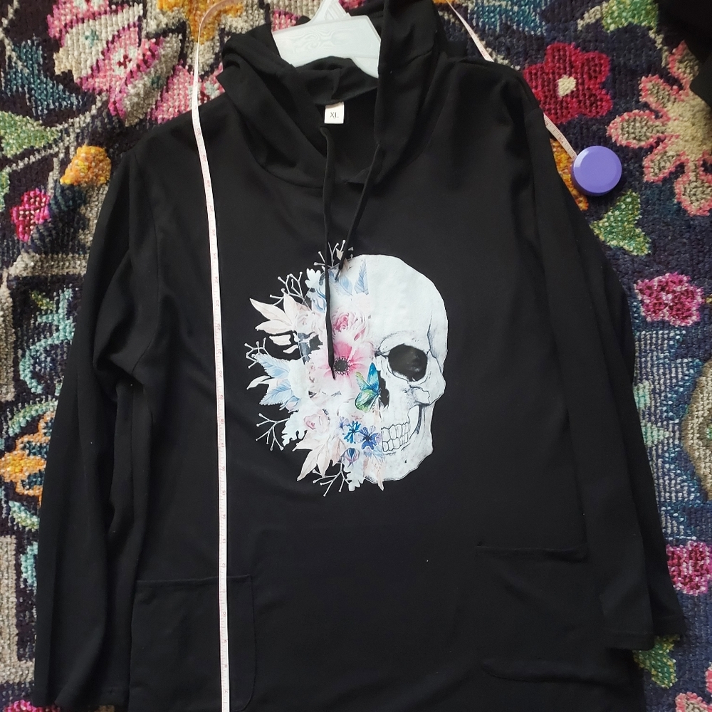 Black Hoodie with Skull and Floral Design